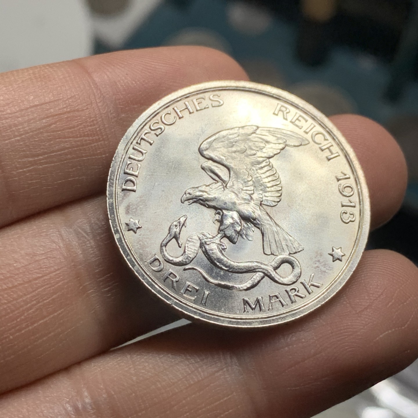 《竞宝斋》第47场-本周日，周一2场连拍（全场不限金额包邮） 原光裸币  车轮光泽极强  1913年德意志帝国普鲁士战胜拿破仑100年纪念币 面值3马克 