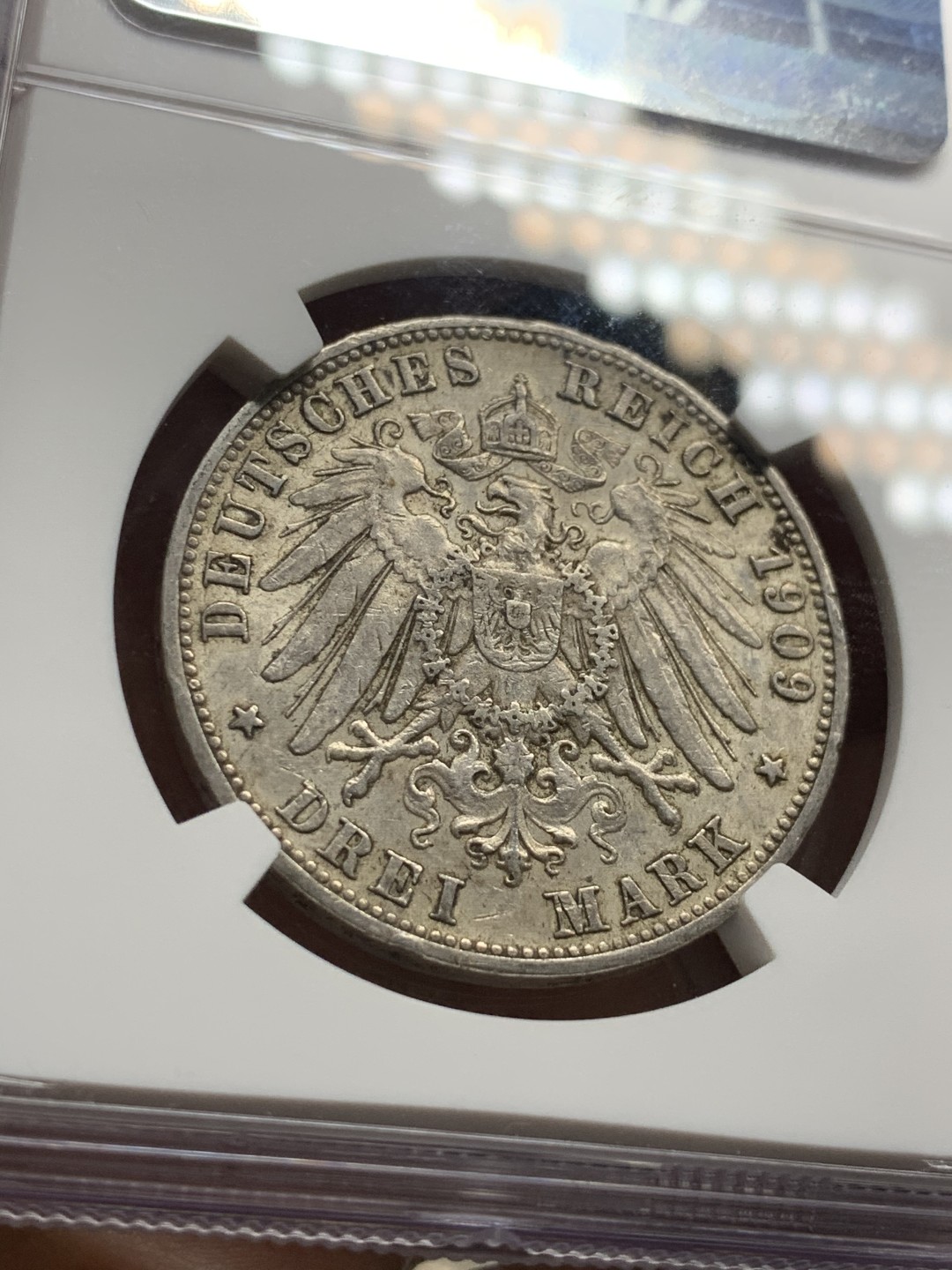 《竞宝斋》第47场-本周日，周一2场连拍（全场不限金额包邮） NGC AU53 评级 1909年 德国符腾堡威廉二世 3马克 银币