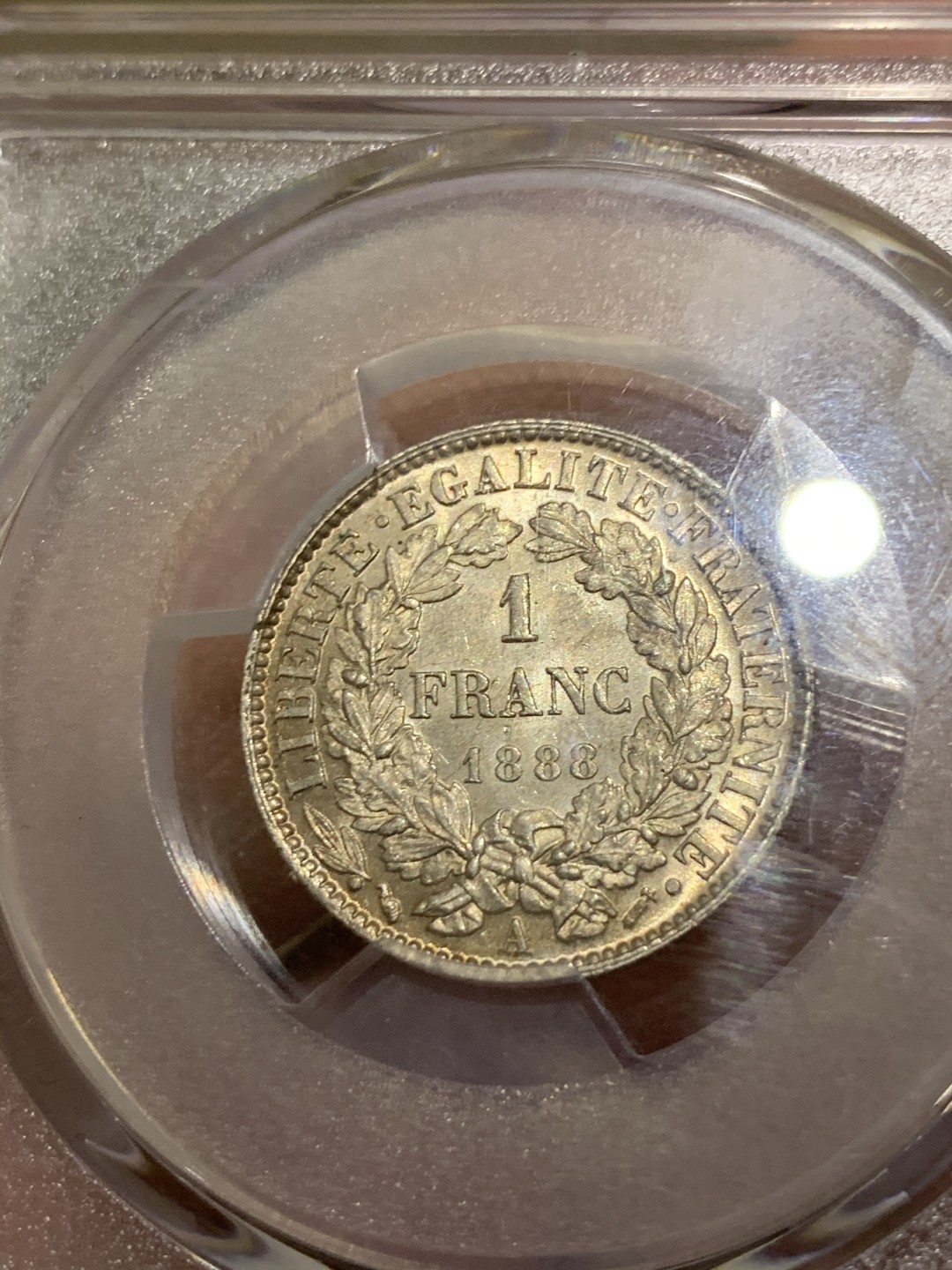 《竞宝斋》第47场-本周日，周一2场连拍（全场不限金额包邮） PCGS MS62 法国 1888 第三共和国 1法郎银币A版 BU五彩玫瑰金 好年份好彩好状态