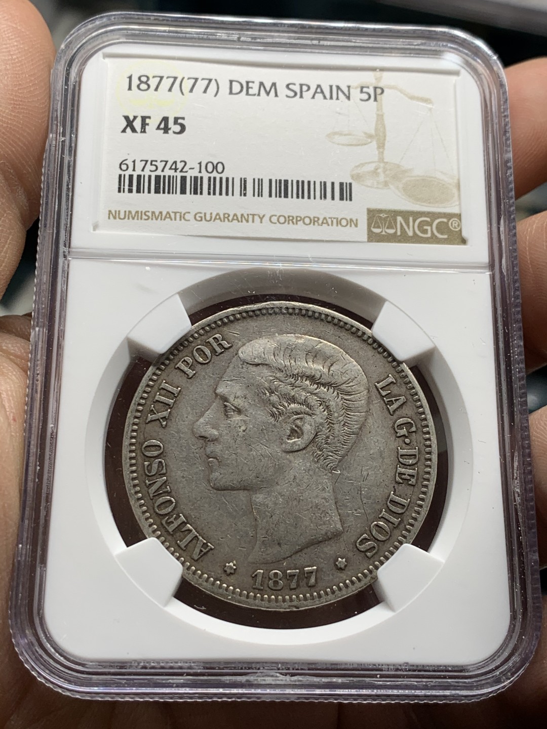 《竞宝斋》第47场-本周日，周一2场连拍（全场不限金额包邮） NGC XF45 西班牙 1877年 阿方索十二世 青年头 5比塞塔 双柱银币 原味好品 少见头像