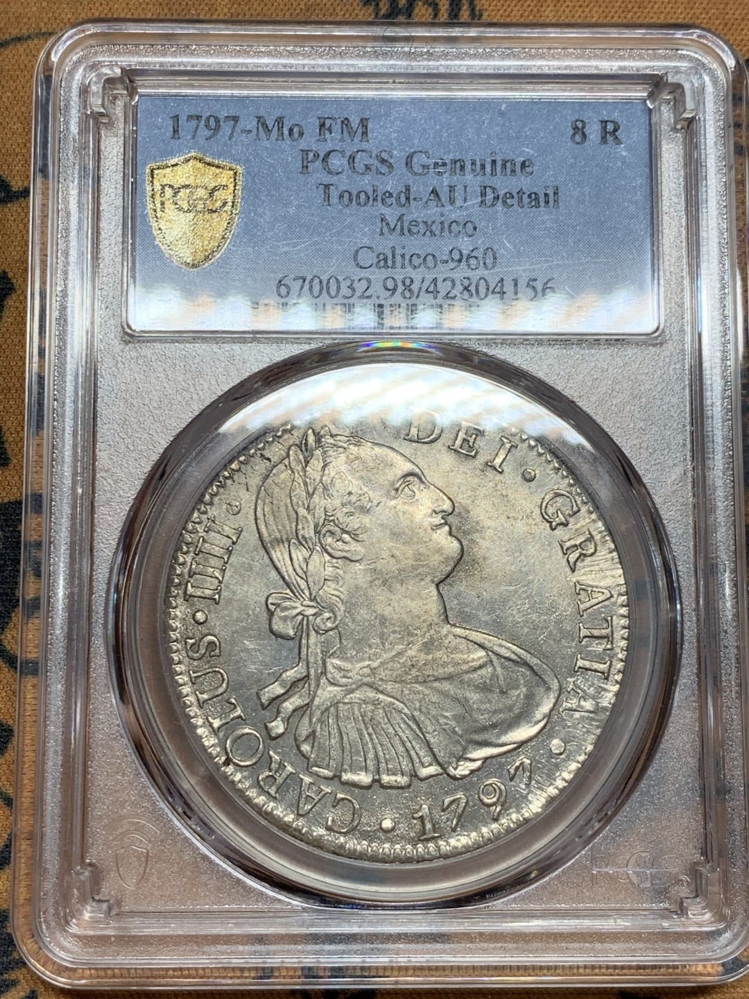 《竞宝斋》第47场-本周日，周一2场连拍（全场不限金额包邮） PCGS AUD 墨西哥 1797年 卡四 双柱银币 正反深打，状态不错
