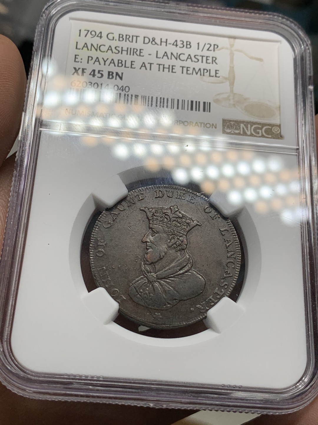 《竞宝斋》第47场-本周日，周一2场连拍（全场不限金额包邮） NGC XF45 英国1794年开夏郡 兰卡斯特省 半便士 代用币 TOKEN