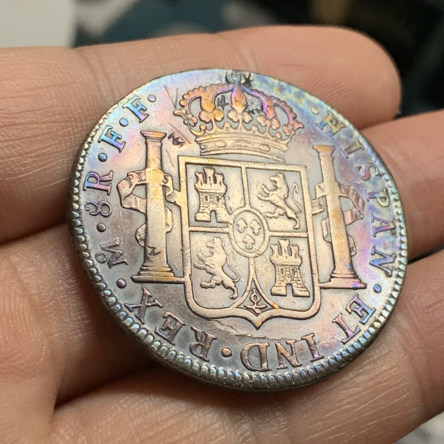 《竞宝斋》第47场-本周日，周一2场连拍（全场不限金额包邮） 1783年西班牙双柱8R 卡洛斯三世 西属墨西哥银币 双柱面环五彩包浆 背部有戳记