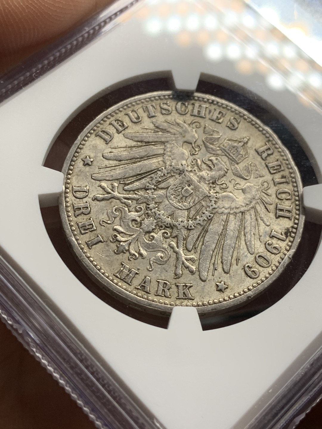 《竞宝斋》第47场-本周日，周一2场连拍（全场不限金额包邮） NGC AU53 评级 1909年 德国符腾堡威廉二世 3马克 银币