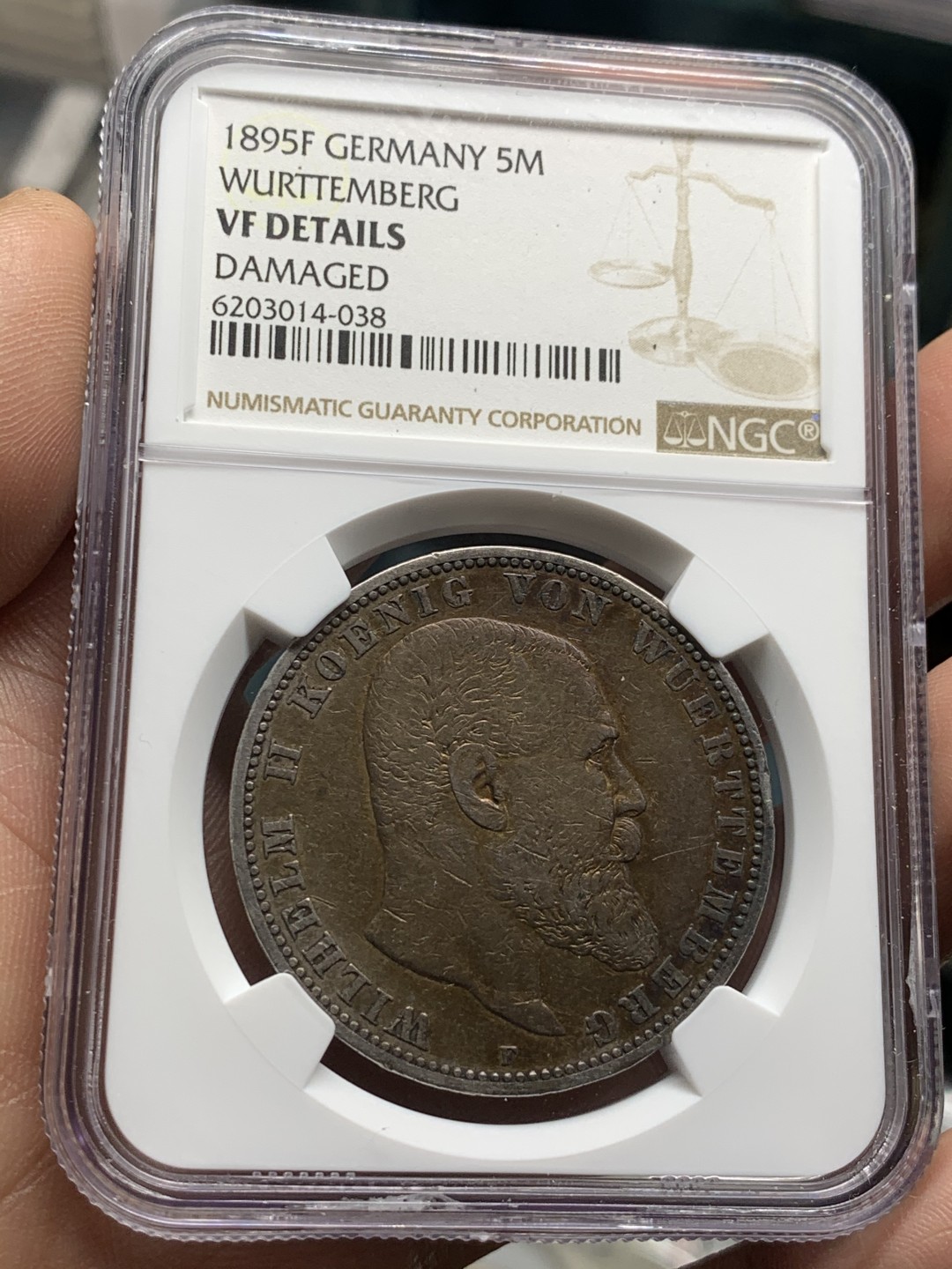 《竞宝斋》第47场-本周日，周一2场连拍（全场不限金额包邮） NGC 评级 1895年 德国符腾堡威廉二世 5马克 银币