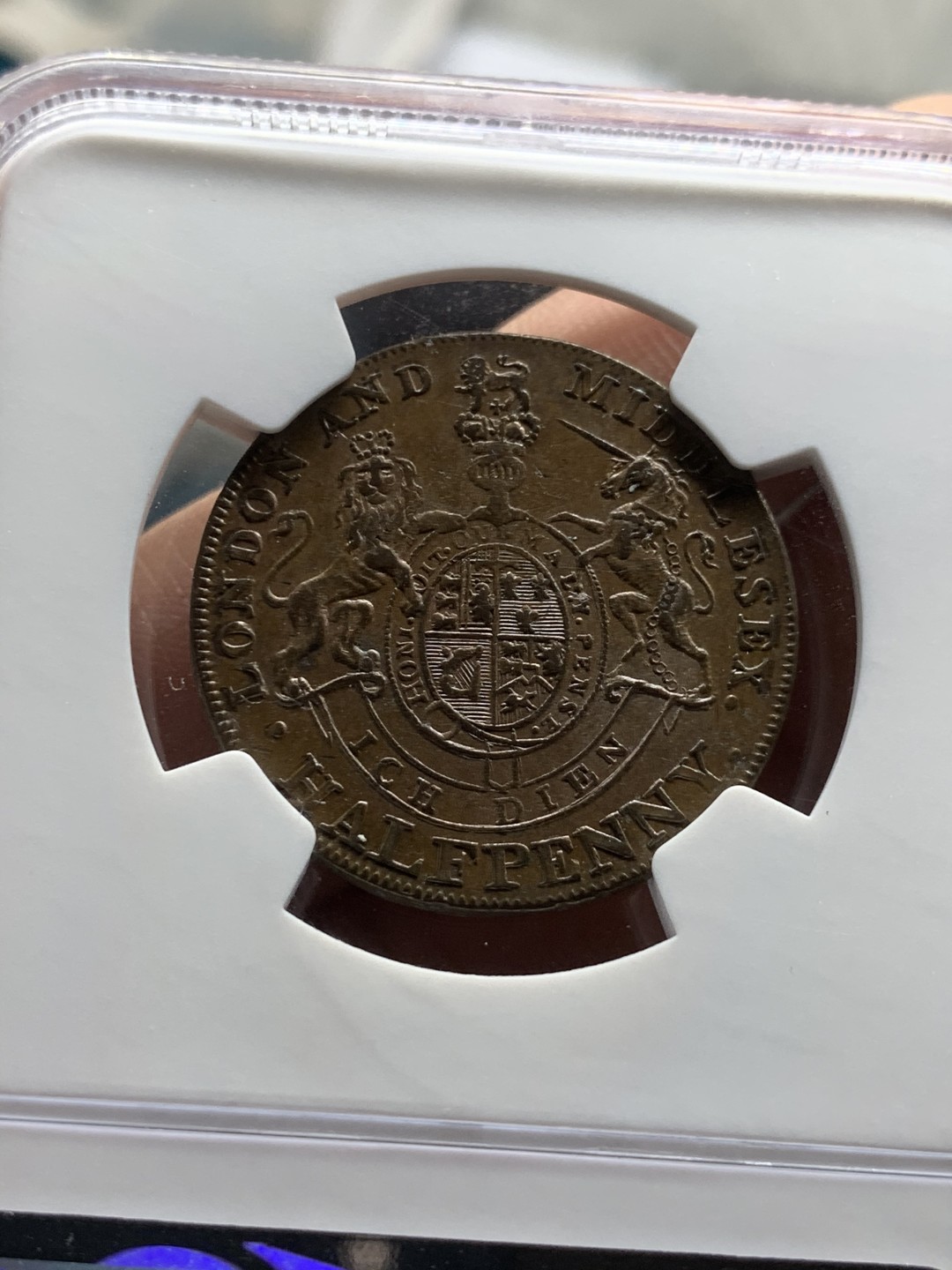 《竞宝斋》第47场-本周日，周一2场连拍（全场不限金额包邮） NGC AU58 1790年英国 米德塞斯半便士TOKEN 君主经典款，乔治四世代用币，比较少见品种