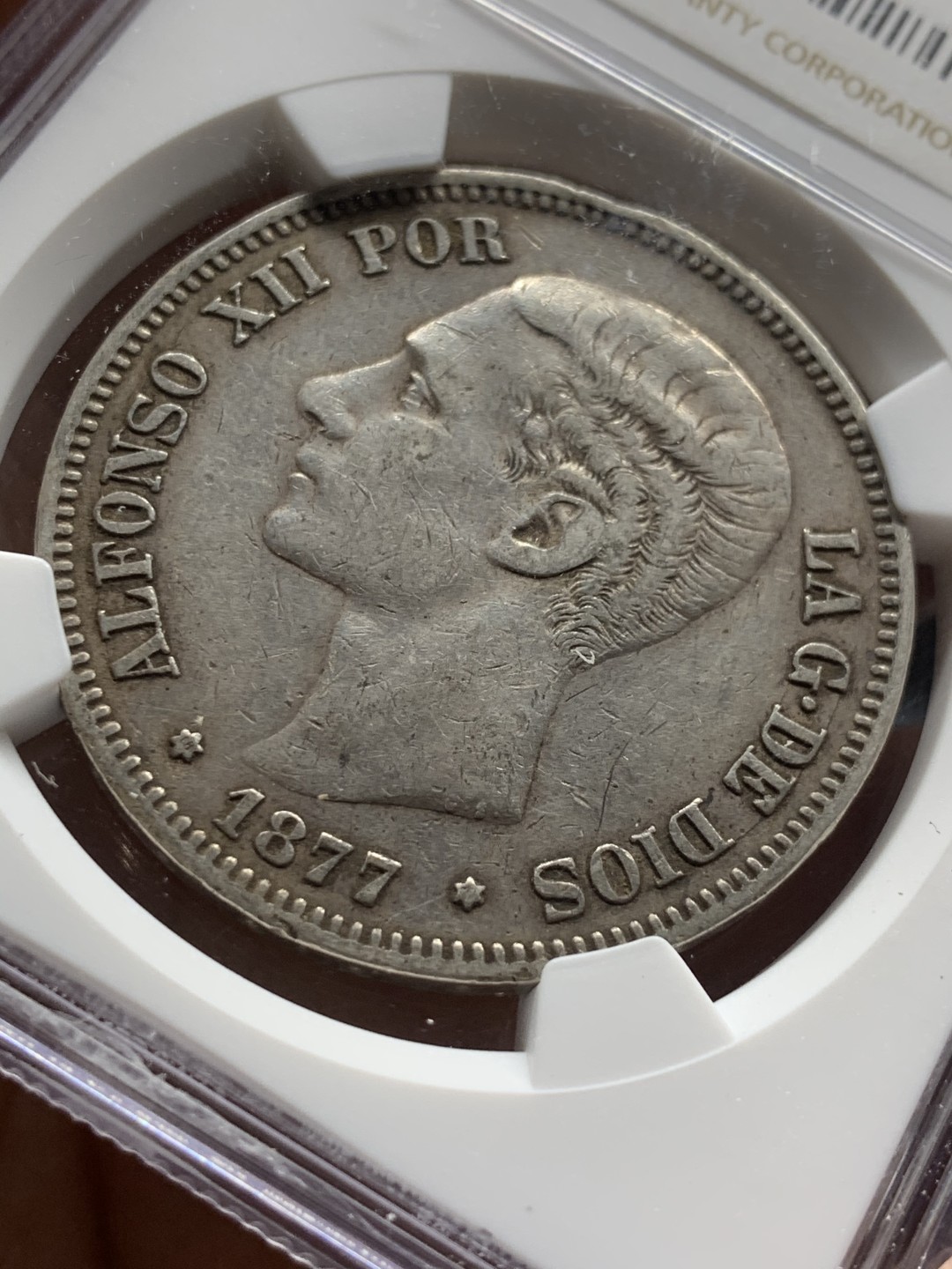 《竞宝斋》第47场-本周日，周一2场连拍（全场不限金额包邮） NGC XF45 西班牙 1877年 阿方索十二世 青年头 5比塞塔 双柱银币 原味好品 少见头像