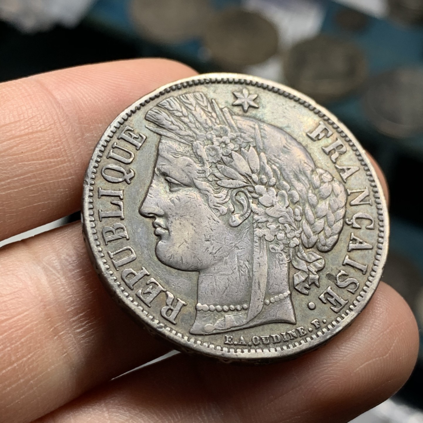 《竞宝斋》第47场-本周日，周一2场连拍（全场不限金额包邮） 法国 1870年 谷物女神 5法郎 银币 原味包浆 难得状态