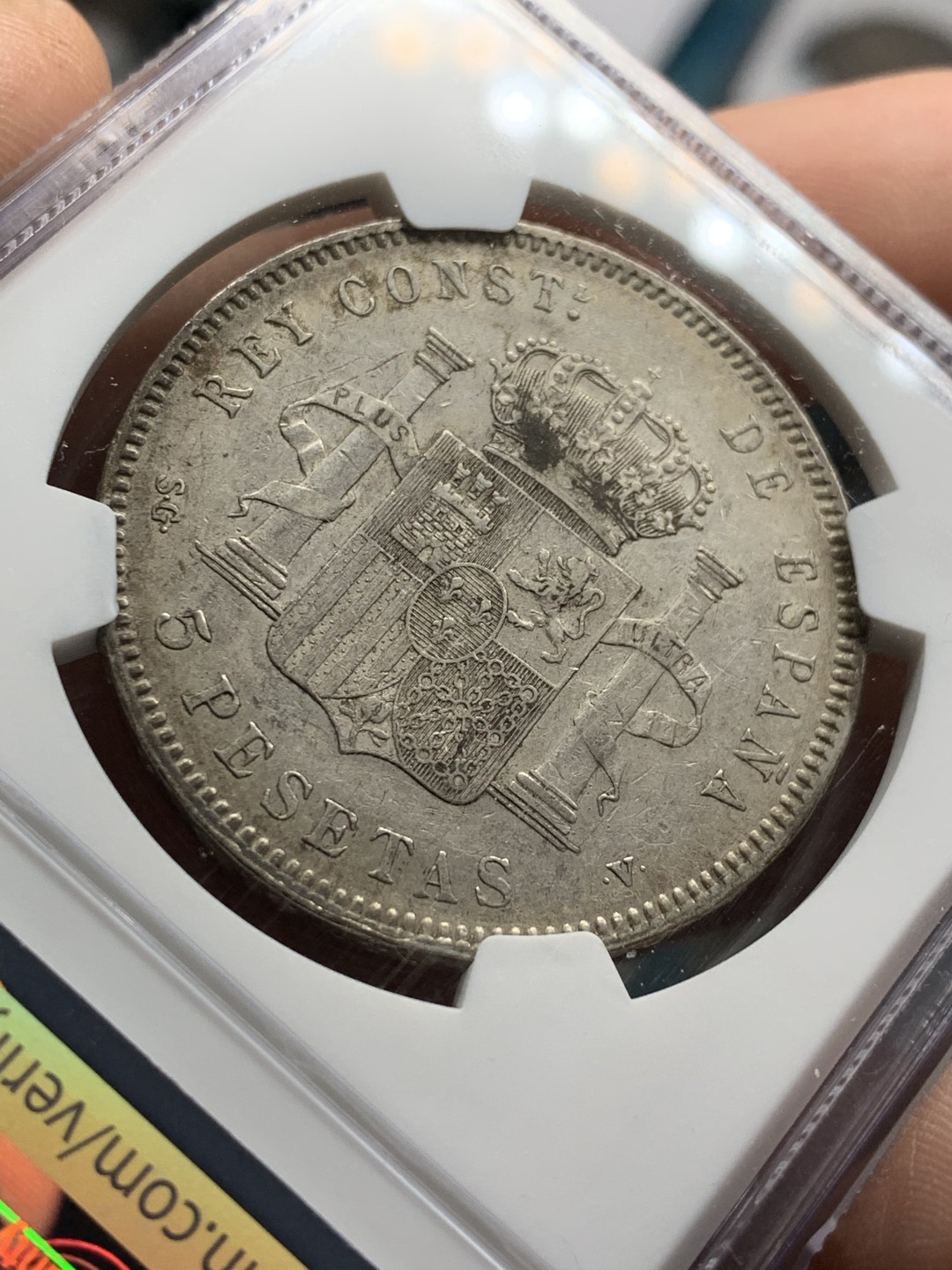 《竞宝斋》第47场-本周日，周一2场连拍（全场不限金额包邮） NGC AU评级 西班牙 1898年 阿方索十三世 小孩头 5比塞塔 双柱银币 原味好品 底光清晰