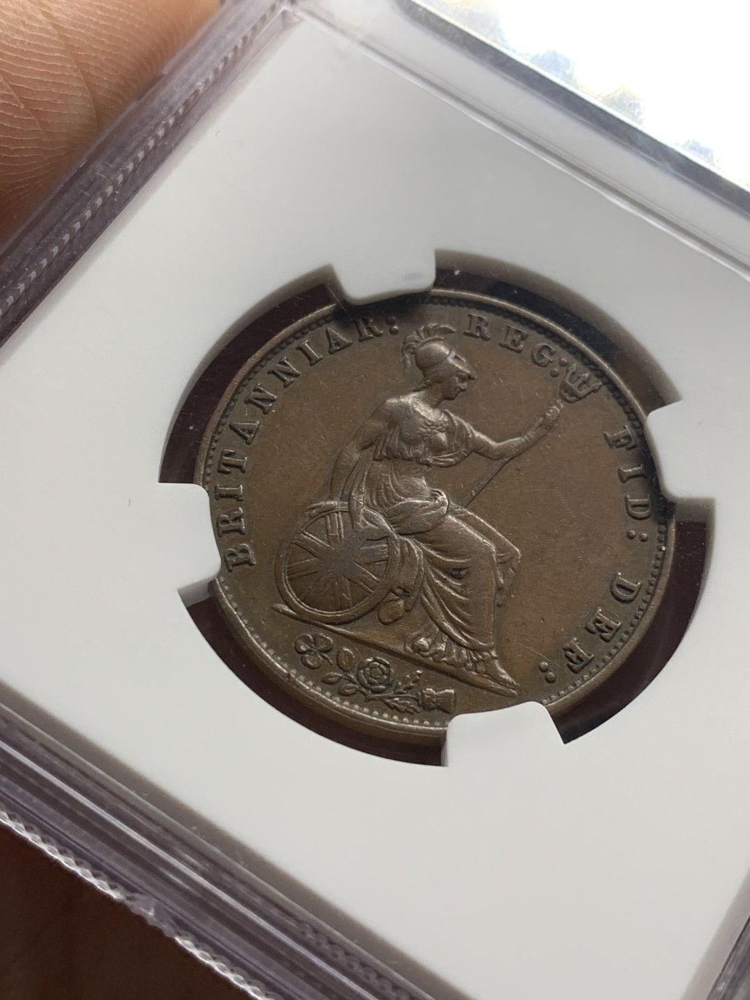 《竞宝斋》第47场-本周日，周一2场连拍（全场不限金额包邮） NGC AU53 英国 1858年 维多利亚女王早期 半便士铜币（应该是1858/7骑字版 没标注）