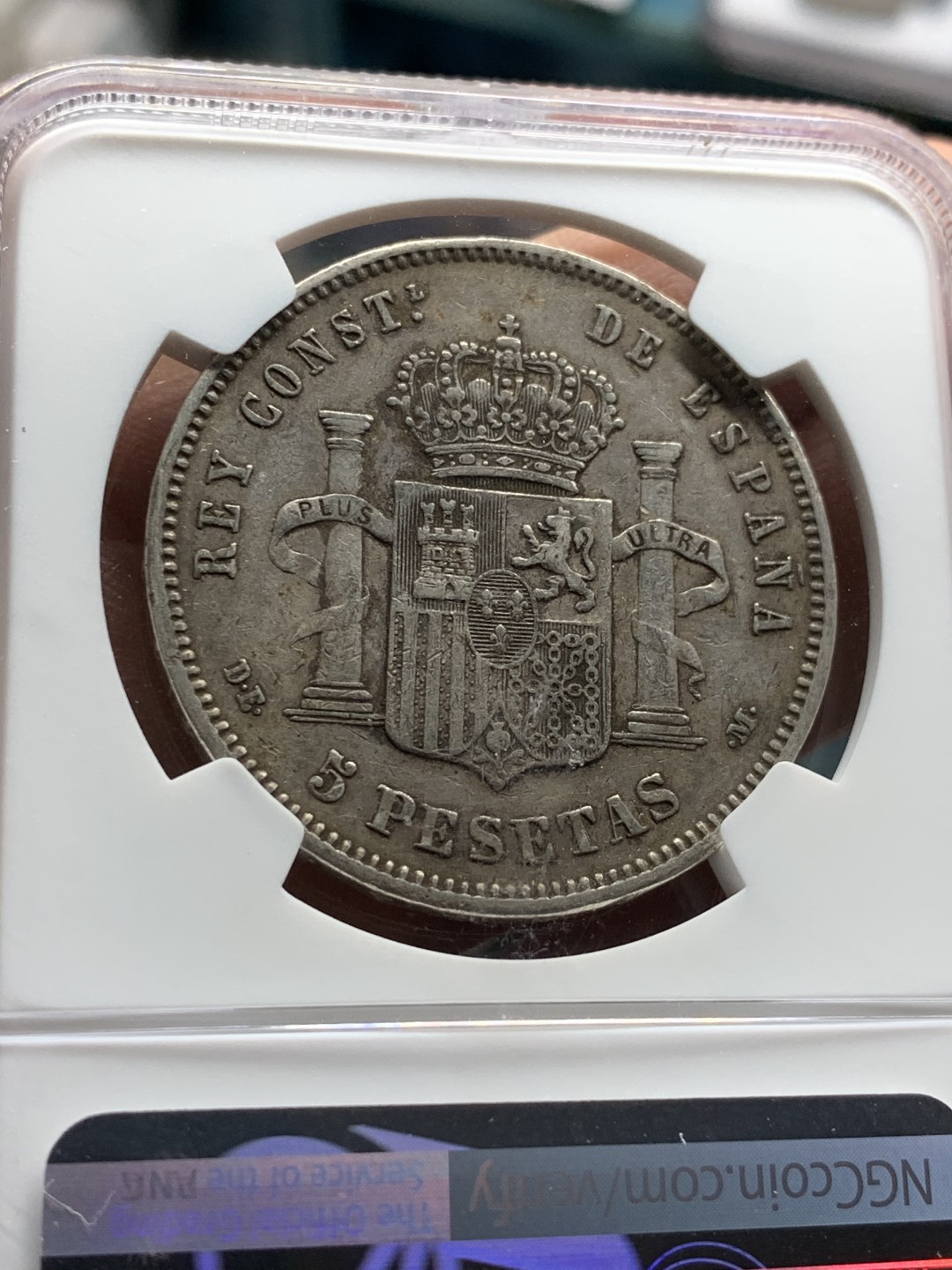 《竞宝斋》第47场-本周日，周一2场连拍（全场不限金额包邮） NGC XF45 西班牙 1877年 阿方索十二世 青年头 5比塞塔 双柱银币 原味好品 少见头像