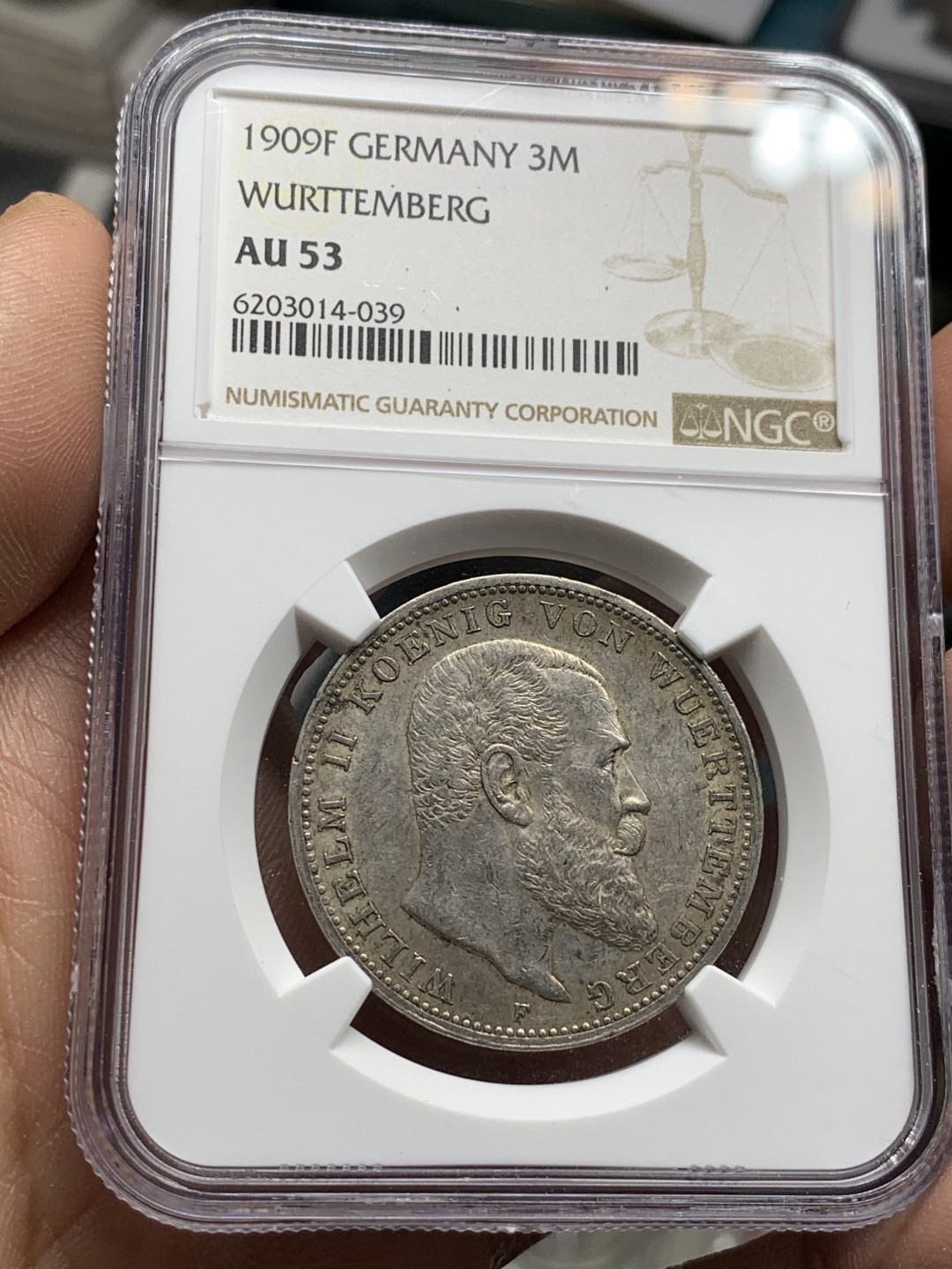 《竞宝斋》第47场-本周日，周一2场连拍（全场不限金额包邮） NGC AU53 评级 1909年 德国符腾堡威廉二世 3马克 银币