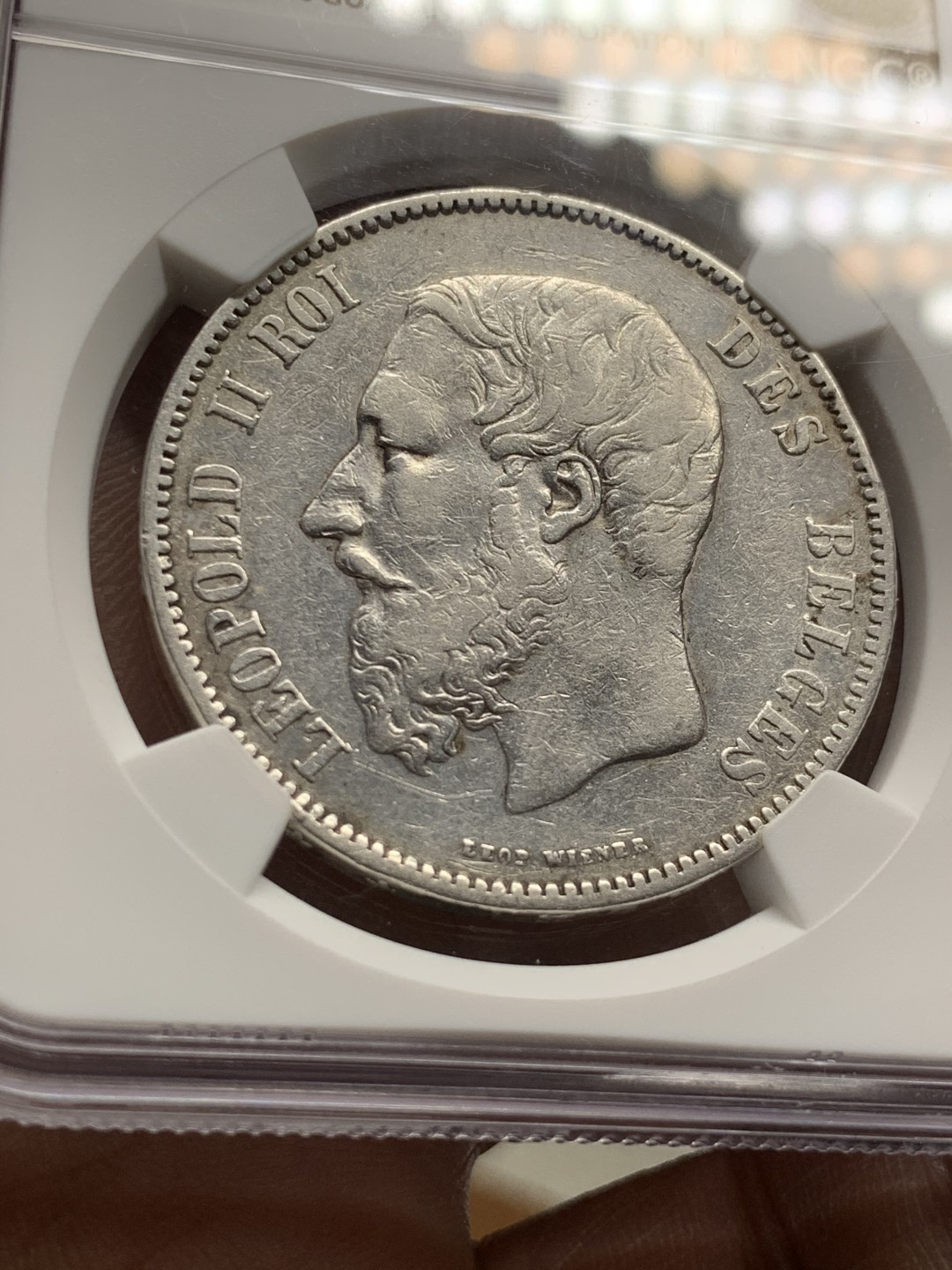 《竞宝斋》第47场-本周日，周一2场连拍（全场不限金额包邮） 1876年比利时利奥波德二世5法郎银币 NGC XF-DETAILS