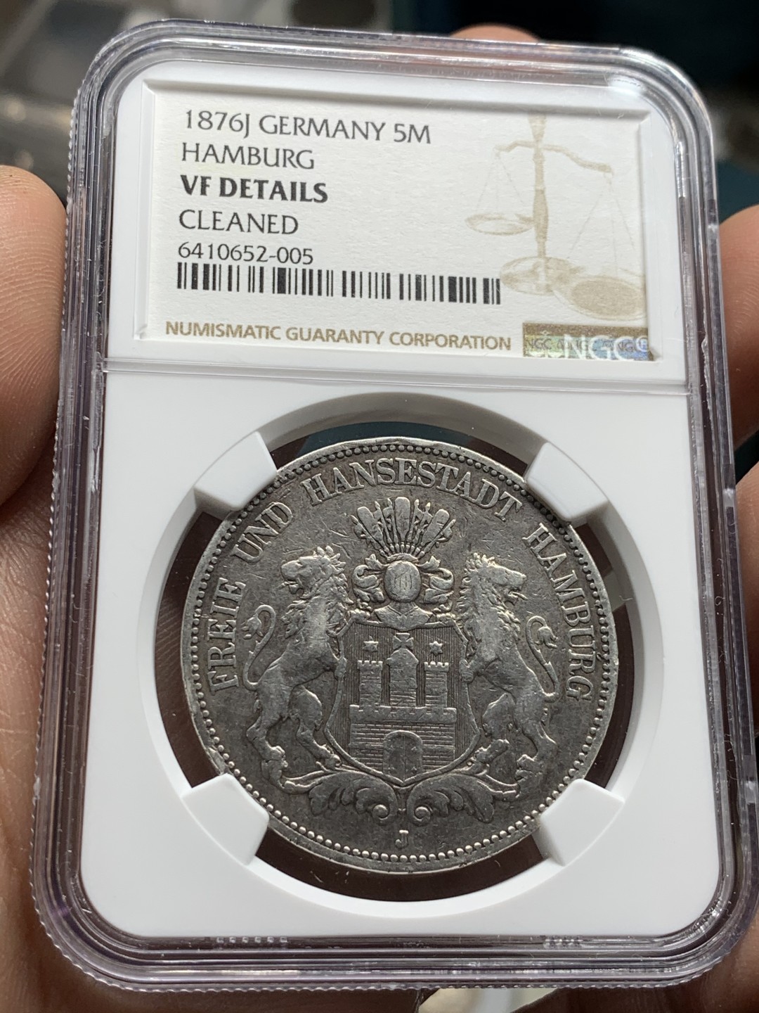 《竞宝斋》第47场-本周日，周一2场连拍（全场不限金额包邮） 1876年J汉堡短翅5马克NGC VF-DETAILS