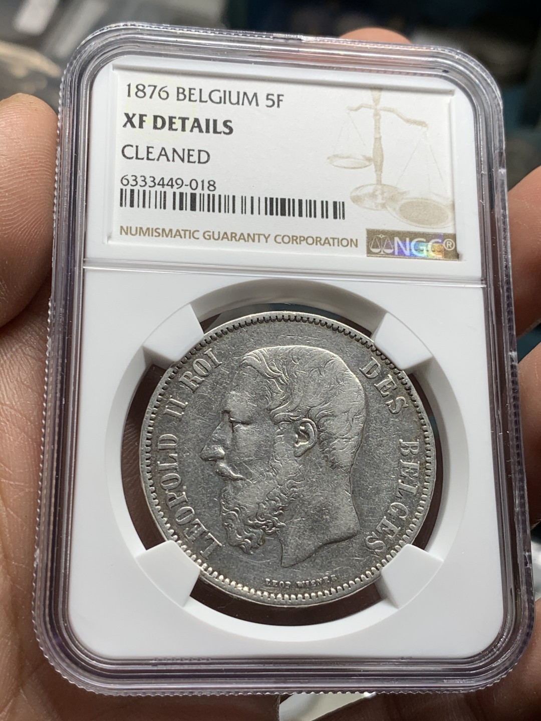 《竞宝斋》第47场-本周日，周一2场连拍（全场不限金额包邮） 1876年比利时利奥波德二世5法郎银币 NGC XF-DETAILS