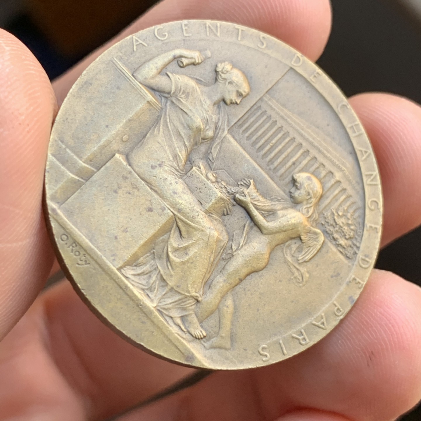 《竞宝斋》第48场-本周日，周一2场连拍（全场不限金额包邮） 法国 罗蒂  1898年 小铜章 天使手持丰饶角 非常的精制 22.5克 36.9mm直径