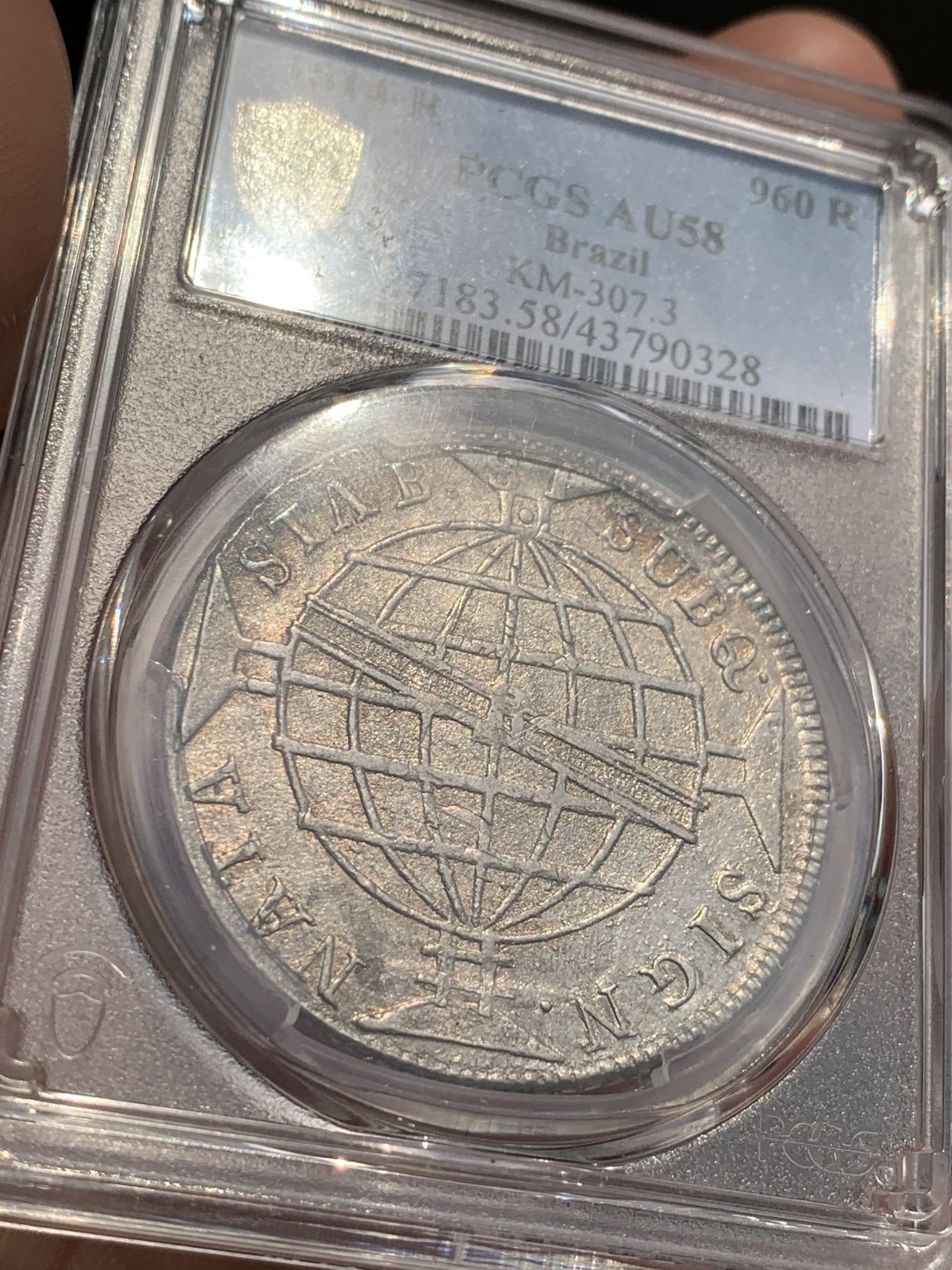 《竞宝斋》第48场-本周日，周一2场连拍（全场不限金额包邮） PCGS AU58 巴西960 1814年 地球大银币 淡光深五彩 巴西价格在起飞