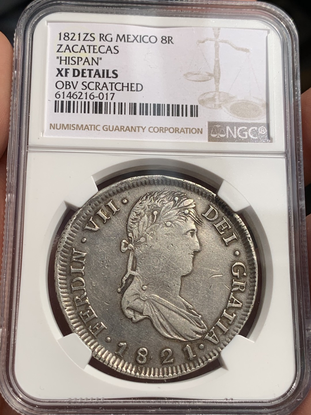 《竞宝斋》第48场-本周日，周一2场连拍（全场不限金额包邮） NGC-XFD 墨西哥内战双柱 萨斯特卡斯ZS厂 1821 8 里亚尔 原味 全深打 