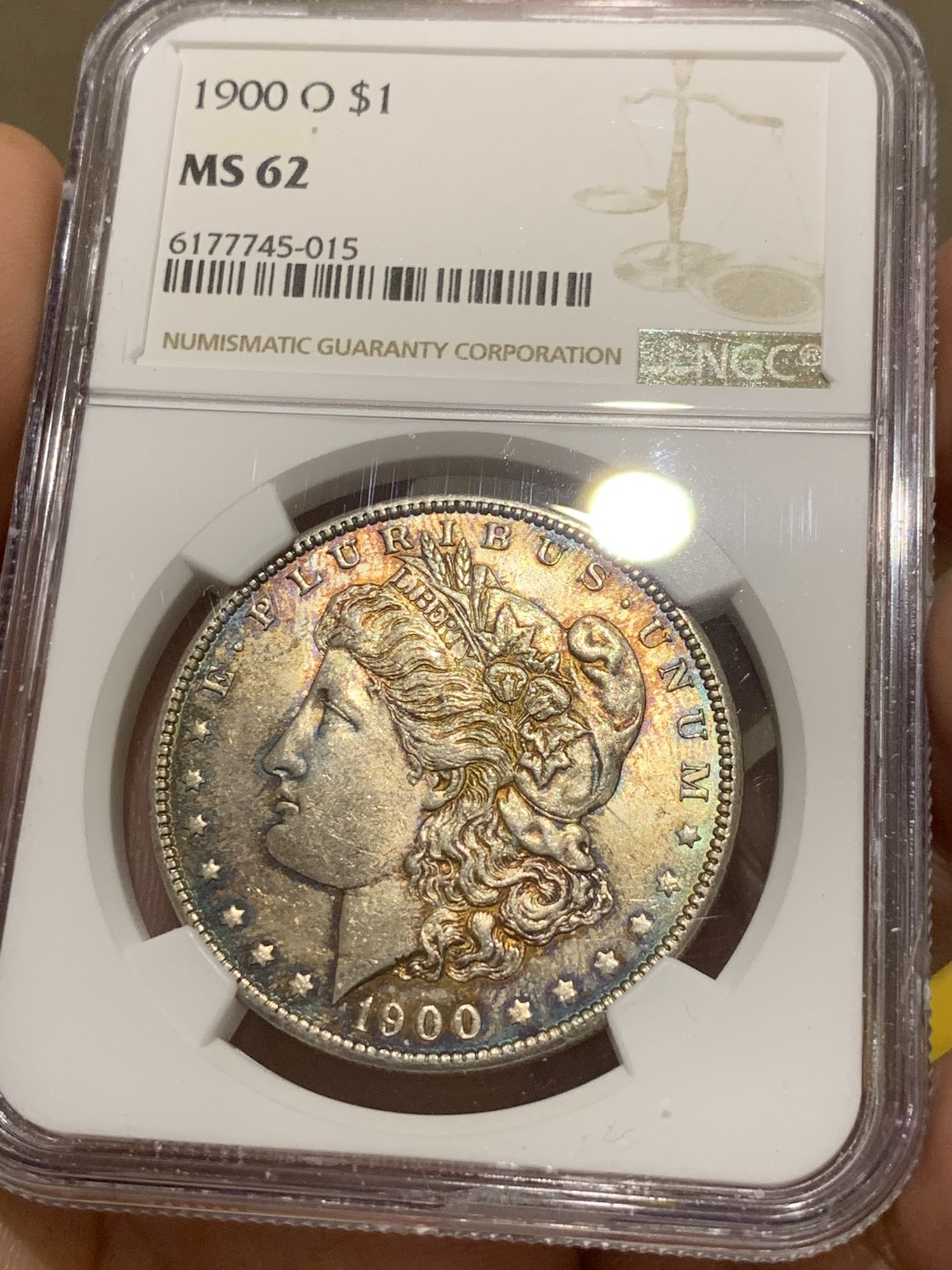 《竞宝斋》第48场-本周日，周一2场连拍（全场不限金额包邮） NGC MS62 美国 1900年 摩根银元 五彩的一塌糊涂 状态好 给的分还是太保守了