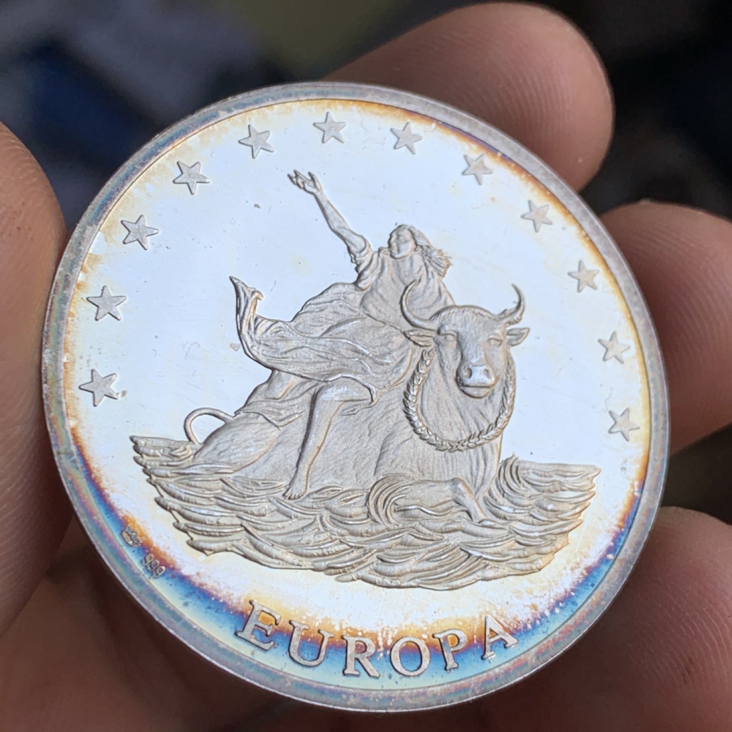 《竞宝斋》第48场-本周日，周一2场连拍（全场不限金额包邮） 德意志联邦共和国 1993 年 骑牛女神 欧元 银币 999含银 40.1直径  9.9克 五彩漂亮