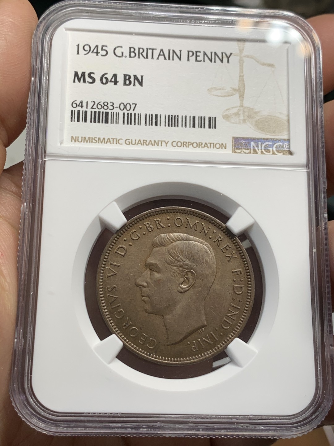 《竞宝斋》第48场-本周日，周一2场连拍（全场不限金额包邮） NGC-MS64BN 英国1945年一便士大铜币 极美巧克力包浆