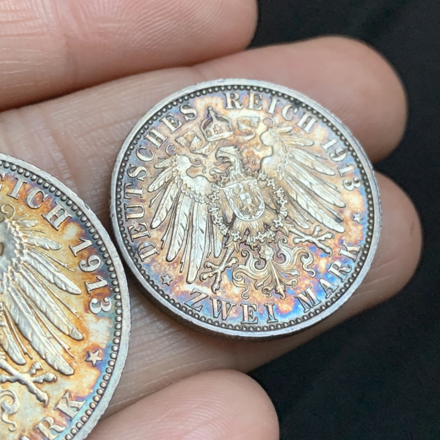 《竞宝斋》第48场-本周日，周一2场连拍（全场不限金额包邮） UNC级好品 德国 1913年 2、3马克一组 威廉二世戎装 银币 七彩包浆 底板丝滑 带转光