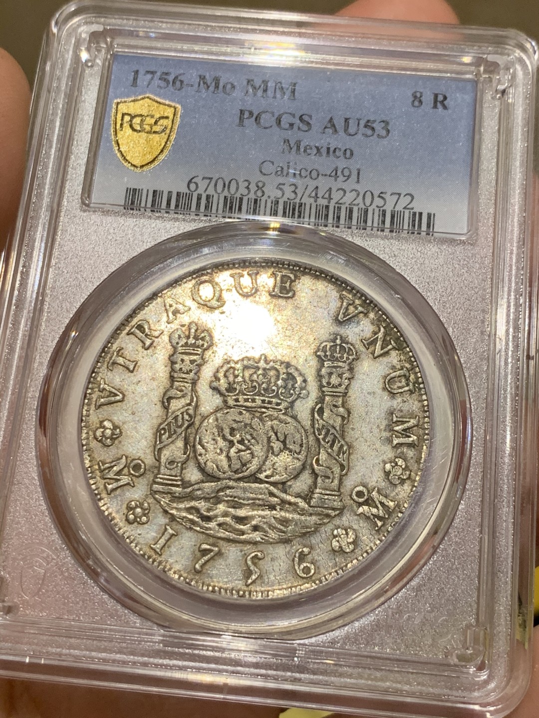 《竞宝斋》第48场-本周日，周一2场连拍（全场不限金额包邮） PCGS AU53 墨西哥地球 1756年 早期版本  原味包浆 状态很好 外拍热门品种