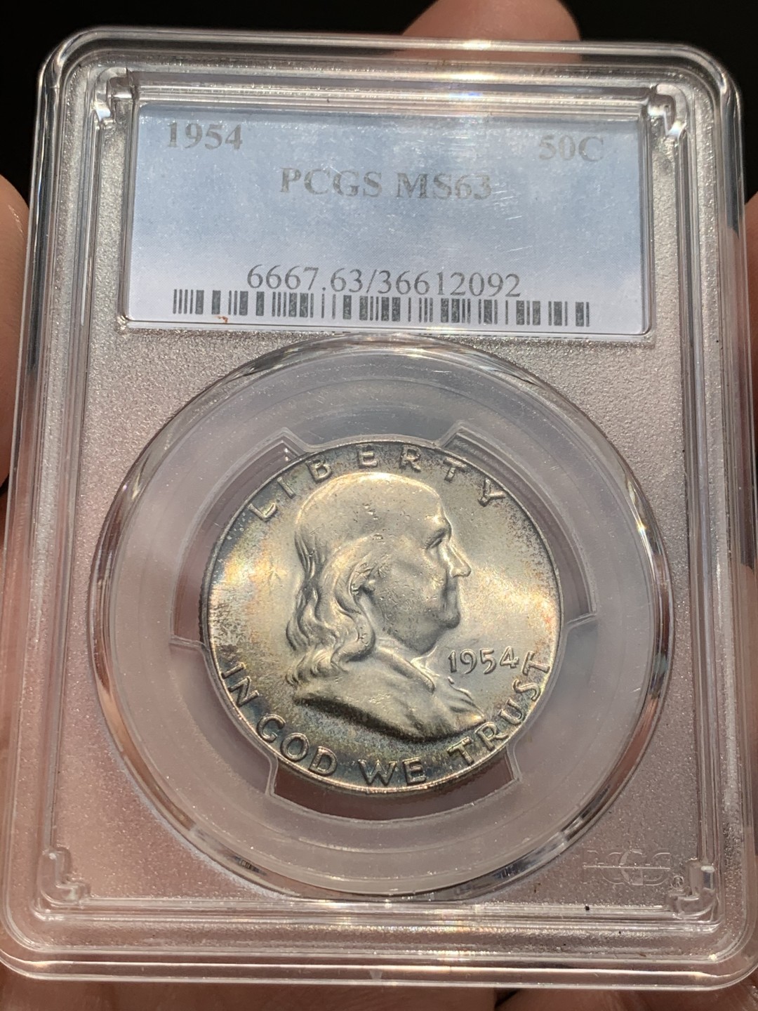 《竞宝斋》第48场-本周日，周一2场连拍（全场不限金额包邮） PCGS-MS63 美国 富兰克林50分 原光五彩 非常漂亮