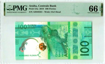 【年度最佳纸币】阿鲁巴 2019年100弗罗林 A冠 大蜥蜴 PMG66EPQ