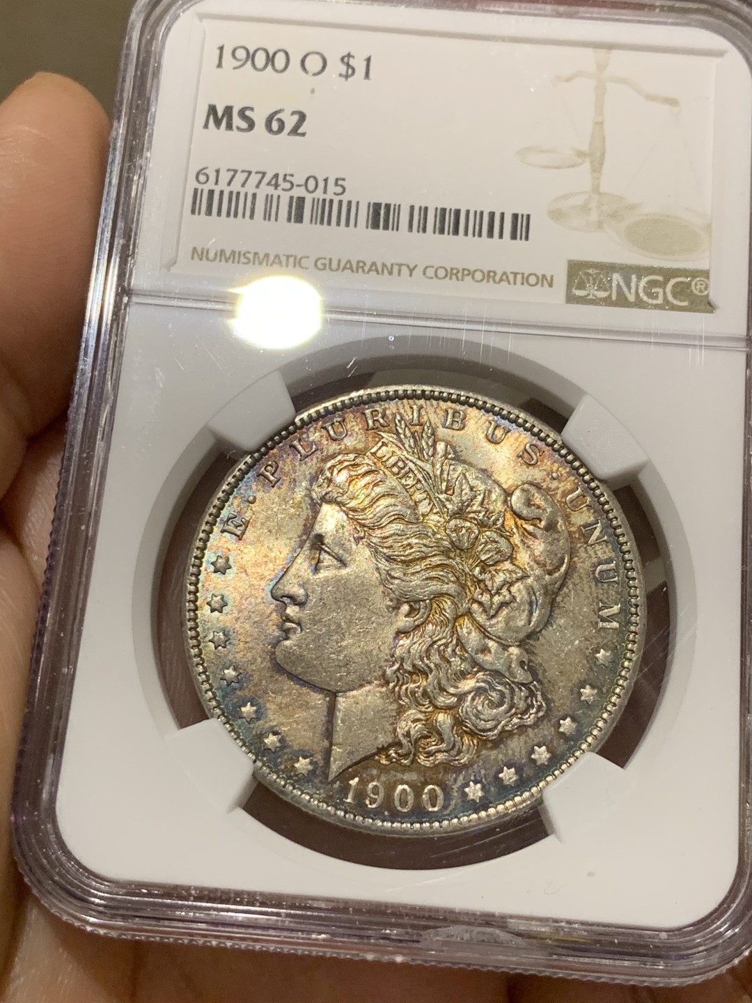 《竞宝斋》第48场-本周日，周一2场连拍（全场不限金额包邮） NGC MS62 美国 1900年 摩根银元 五彩的一塌糊涂 状态好 给的分还是太保守了