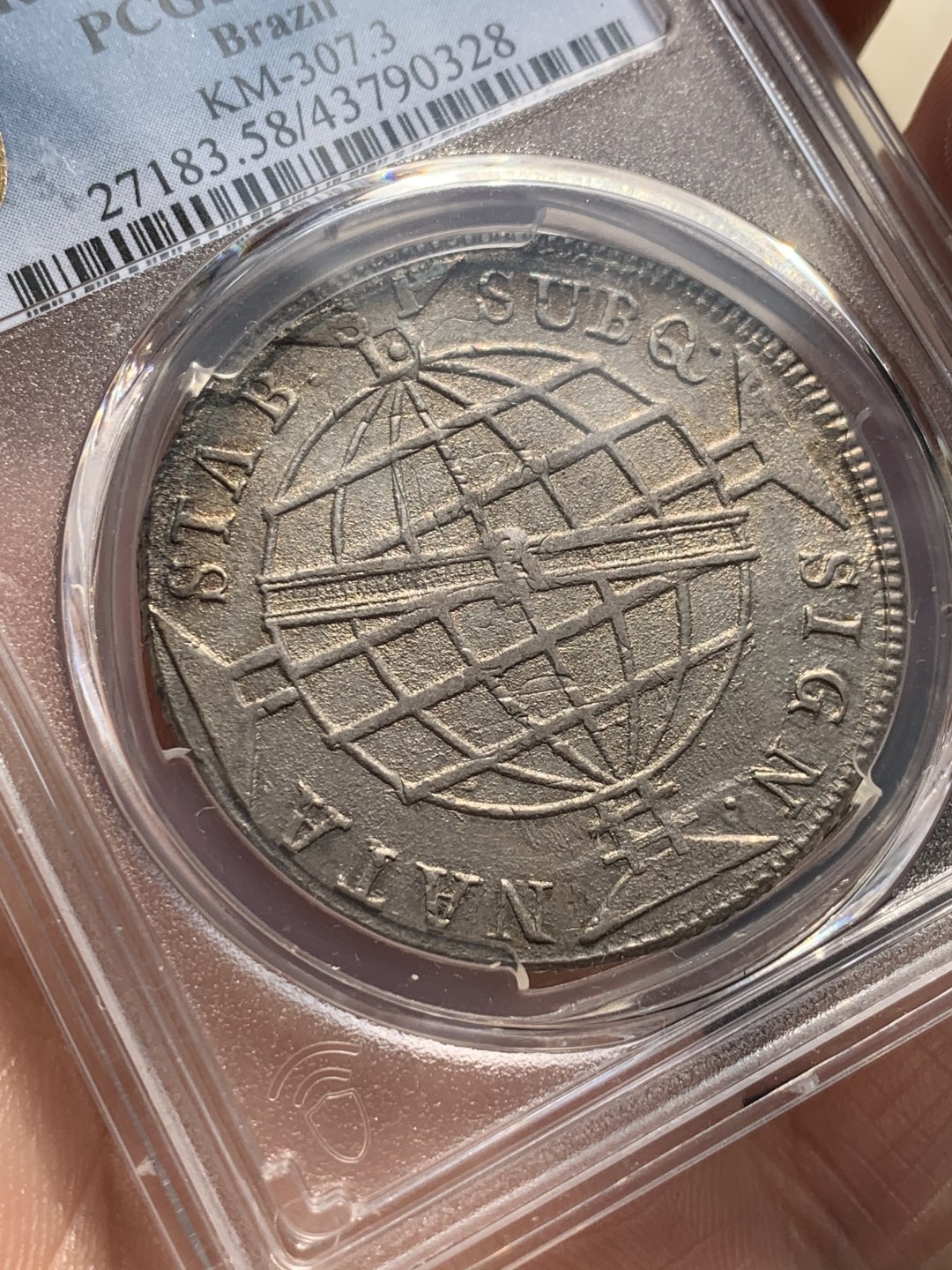 《竞宝斋》第48场-本周日，周一2场连拍（全场不限金额包邮） PCGS AU58 巴西960 1814年 地球大银币 淡光深五彩 巴西价格在起飞