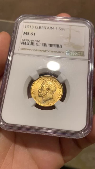 《竞宝斋》第48场-本周日，周一2场连拍（全场不限金额包邮） NGC-MS61 英国 1913年 乔治五世 索维林 8g 金币