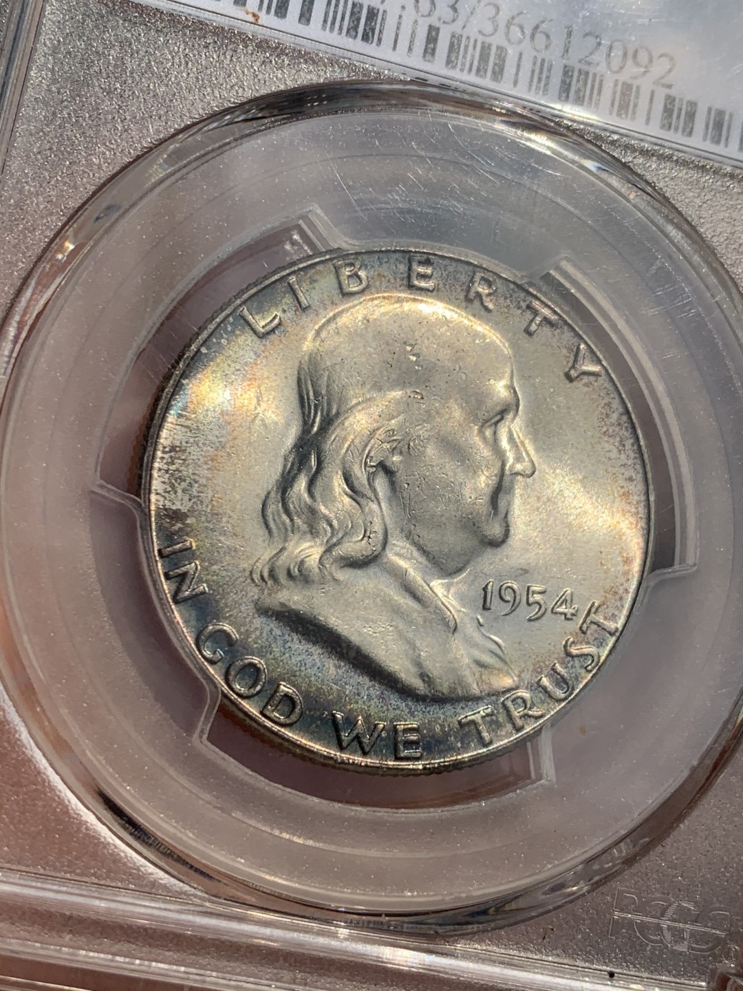 《竞宝斋》第48场-本周日，周一2场连拍（全场不限金额包邮） PCGS-MS63 美国 富兰克林50分 原光五彩 非常漂亮