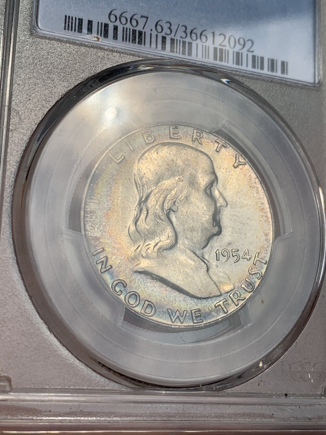 《竞宝斋》第48场-本周日，周一2场连拍（全场不限金额包邮） PCGS-MS63 美国 富兰克林50分 原光五彩 非常漂亮