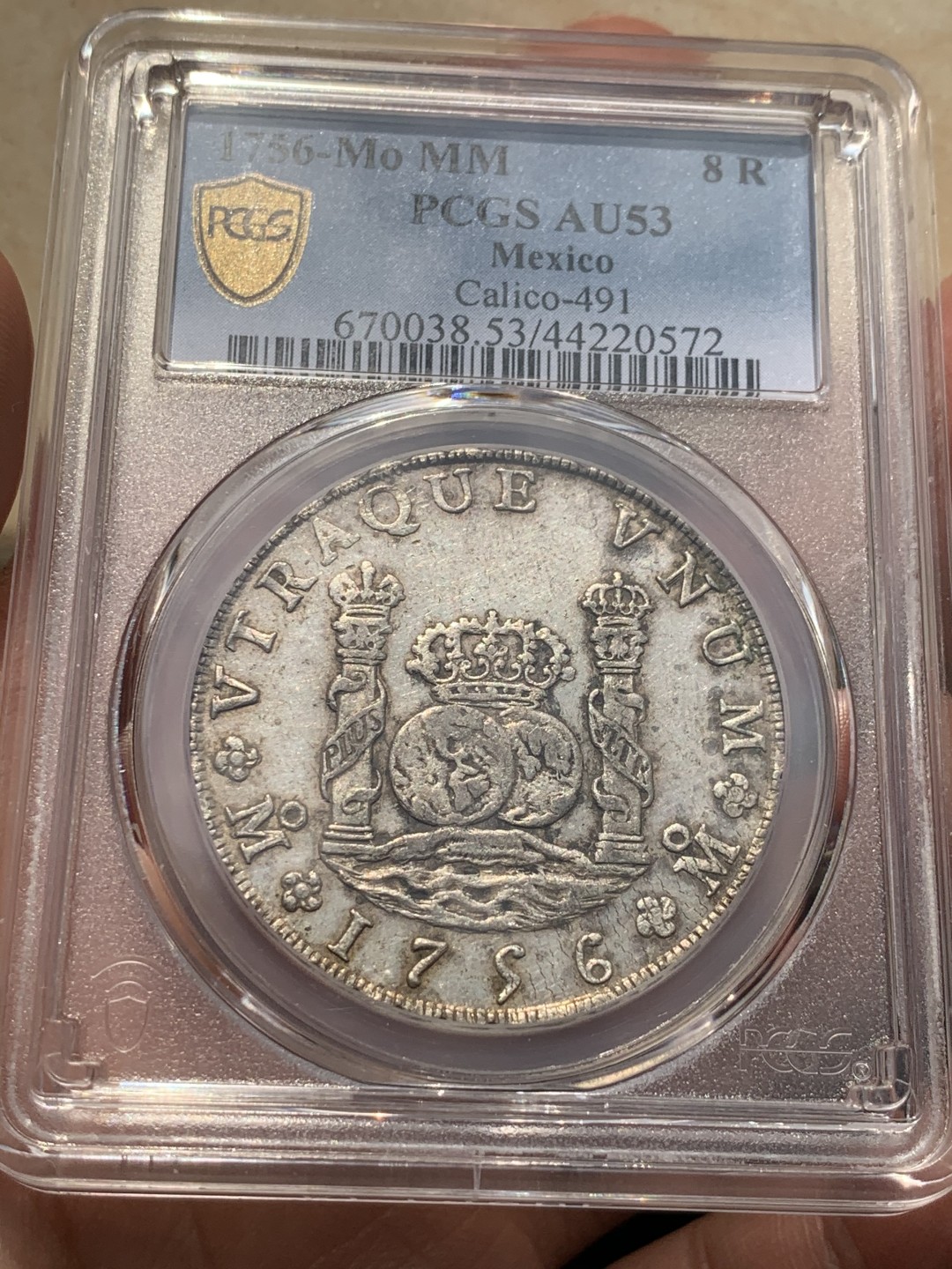 《竞宝斋》第48场-本周日，周一2场连拍（全场不限金额包邮） PCGS AU53 墨西哥地球 1756年 早期版本  原味包浆 状态很好 外拍热门品种