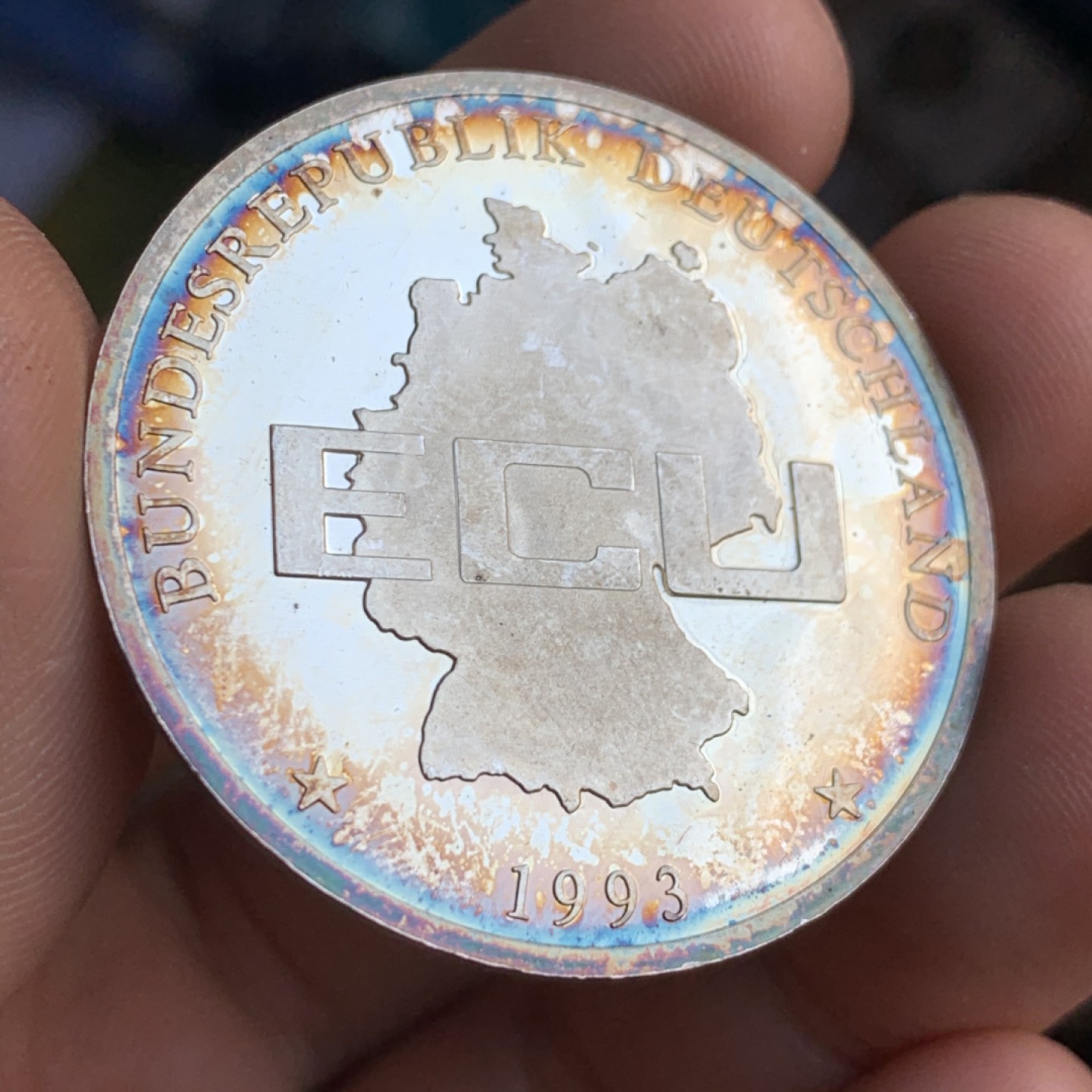 《竞宝斋》第48场-本周日，周一2场连拍（全场不限金额包邮） 德意志联邦共和国 1993 年 骑牛女神 欧元 银币 999含银 40.1直径  9.9克 五彩漂亮