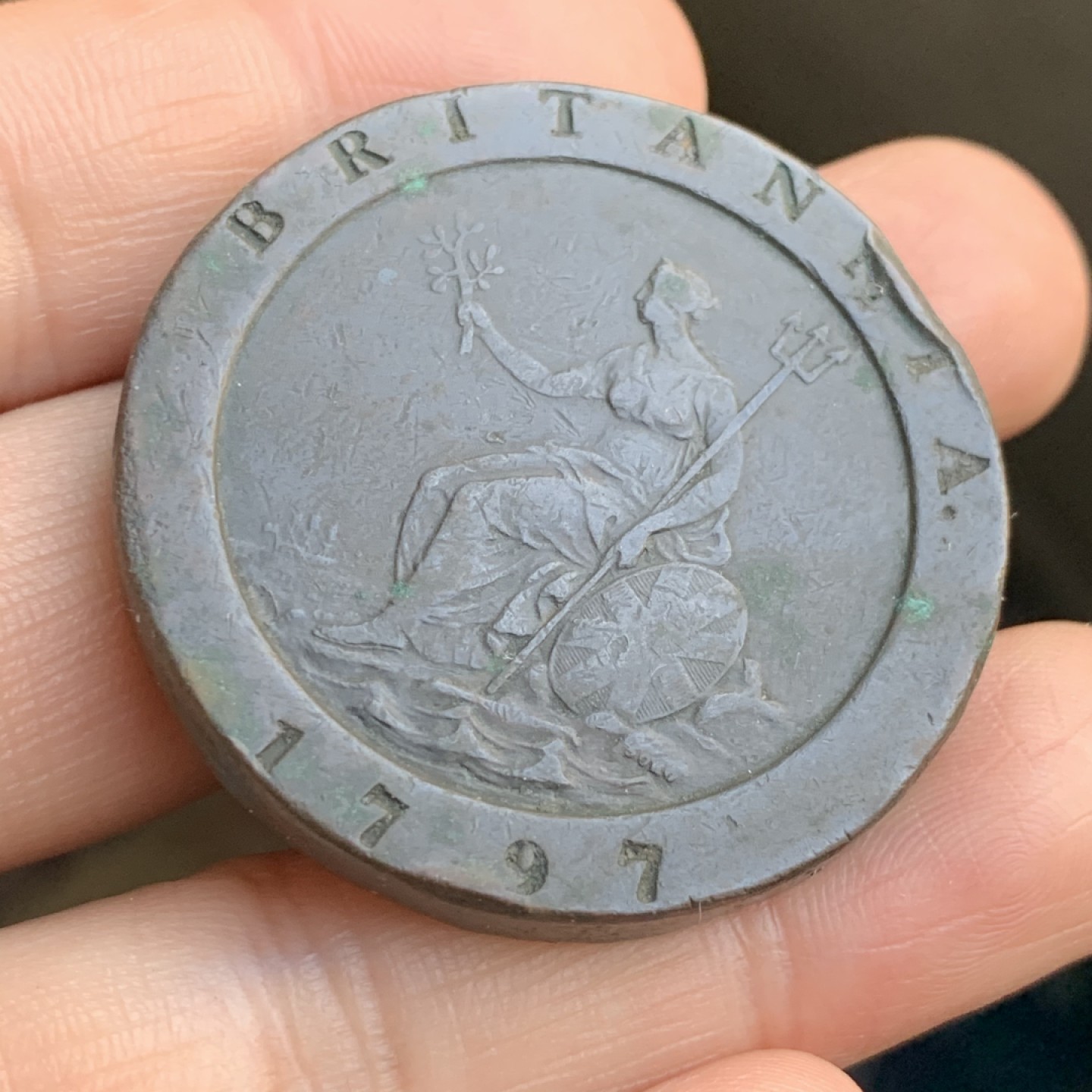 《竞宝斋》第48场-本周日，周一2场连拍（全场不限金额包邮） 英国 1797年 乔三 2便士 大车轮 铜币 重达56克