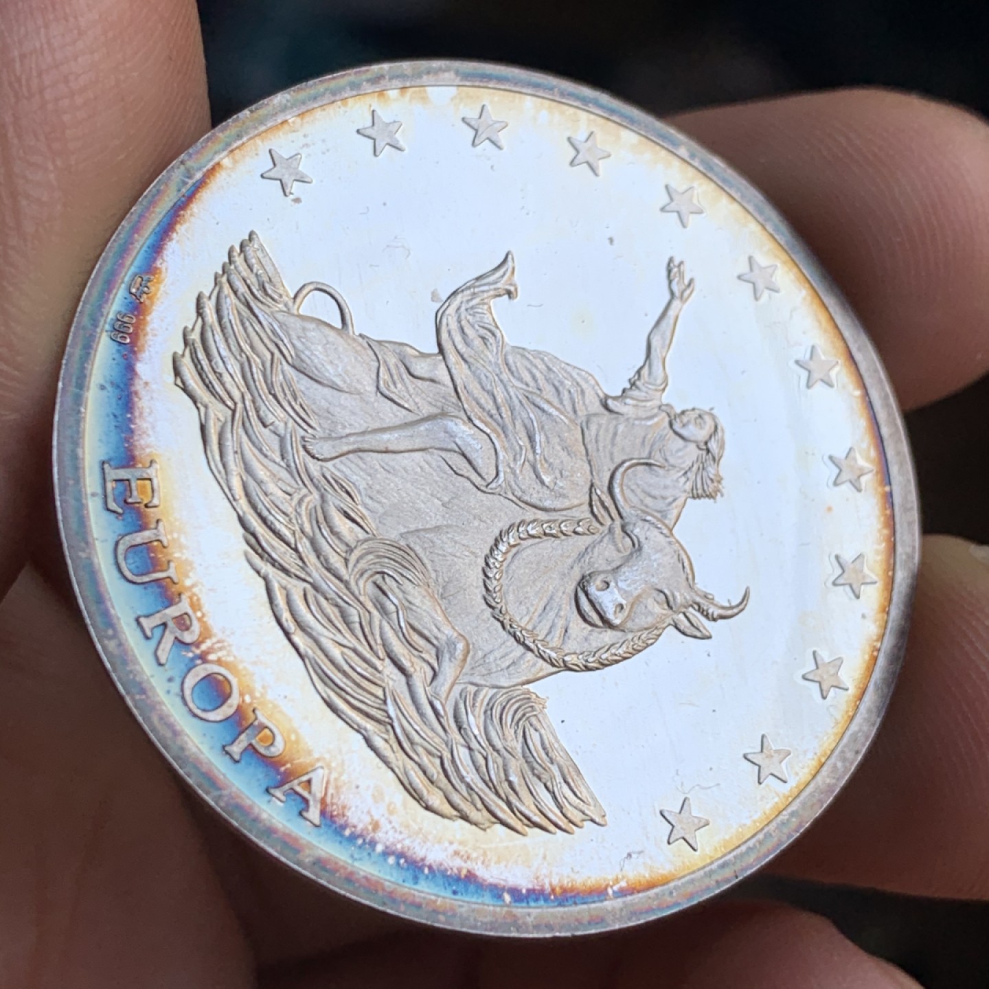 《竞宝斋》第48场-本周日，周一2场连拍（全场不限金额包邮） 德意志联邦共和国 1993 年 骑牛女神 欧元 银币 999含银 40.1直径  9.9克 五彩漂亮