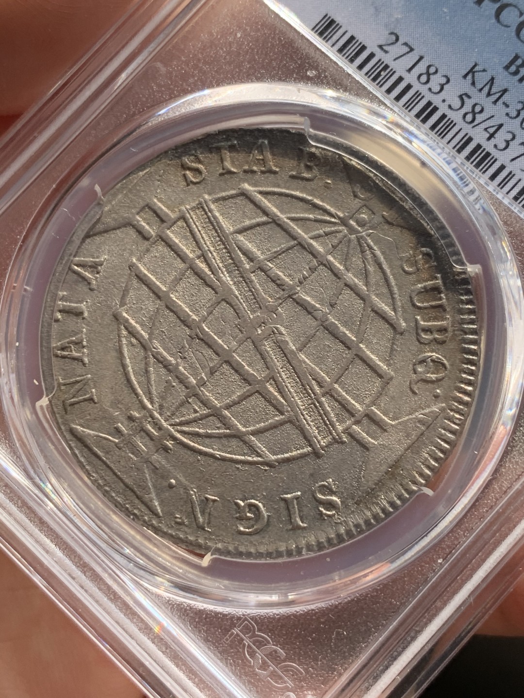 《竞宝斋》第48场-本周日，周一2场连拍（全场不限金额包邮） PCGS AU58 巴西960 1814年 地球大银币 淡光深五彩 巴西价格在起飞
