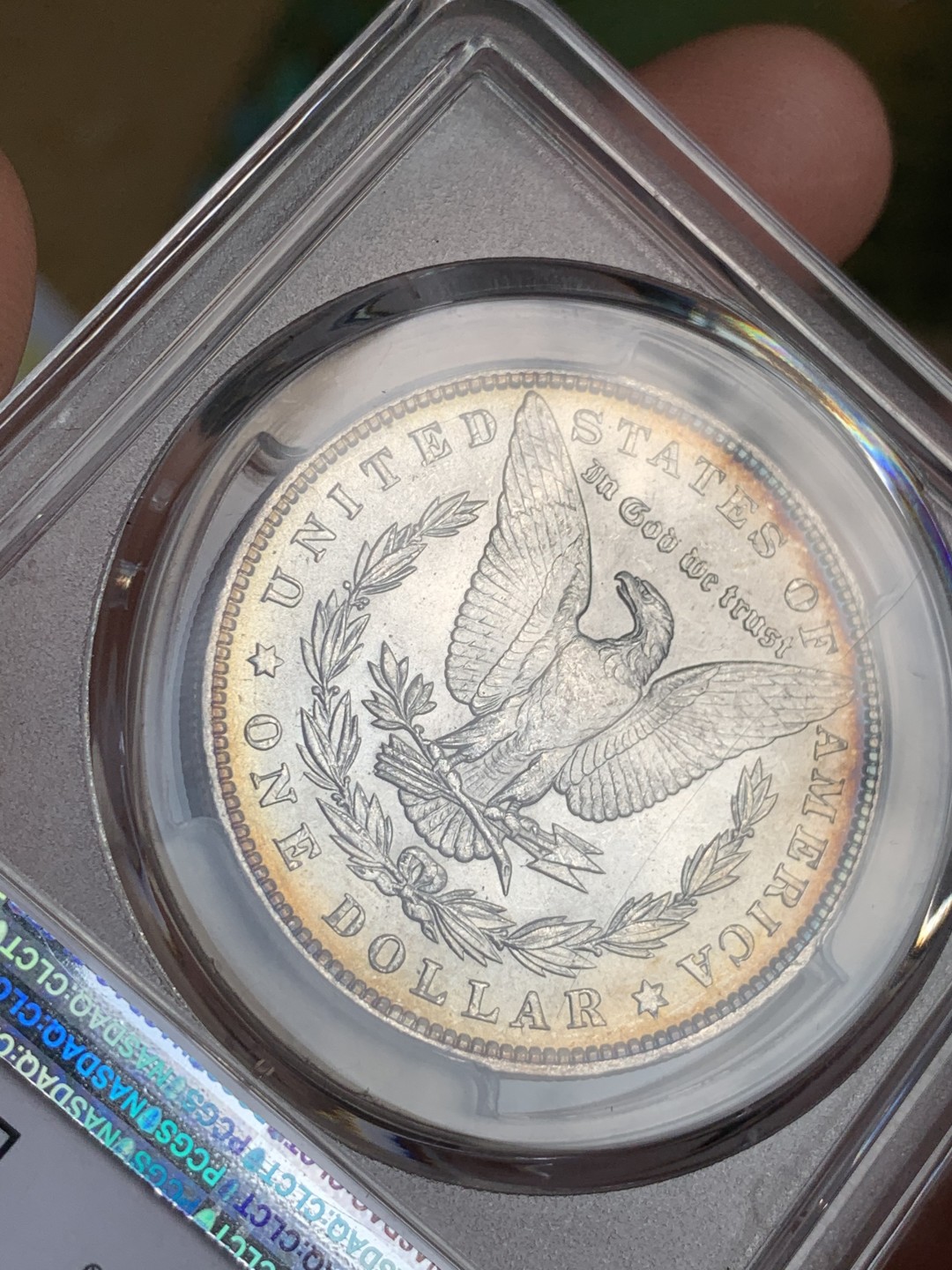 《竞宝斋》第48场-本周日，周一2场连拍（全场不限金额包邮） PCGS-MS64 美国 1887年 摩根 银币，完全未流通，面应该是卷首金彩，背带环彩，奶油光。
