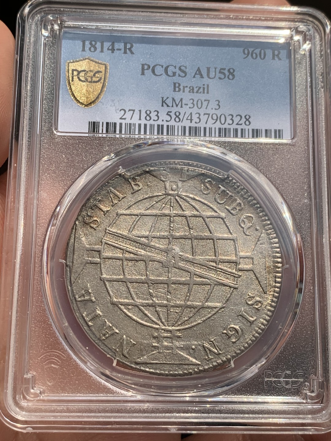 《竞宝斋》第48场-本周日，周一2场连拍（全场不限金额包邮） PCGS AU58 巴西960 1814年 地球大银币 淡光深五彩 巴西价格在起飞