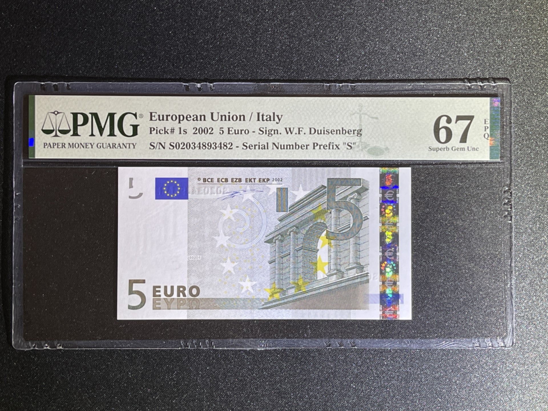 《张总收藏》55期——外币靓号 欧元5欧 PMG67E 一签 意大利版S