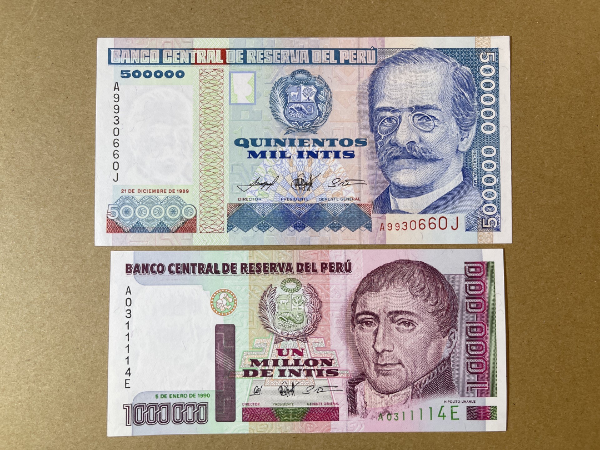 《张总收藏》55期——外币靓号 秘鲁50万、100万2张 UNC 1989年版