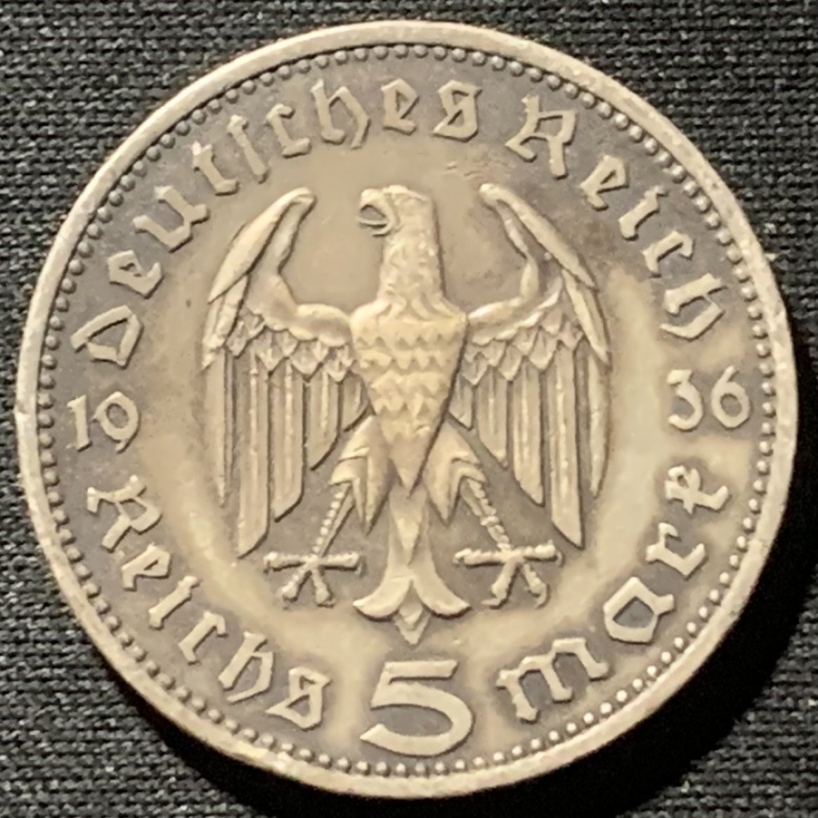 紫瑗钱币——第207期拍卖 德国 1936年 A版 兴登堡 5马克 13.9克 0.9银