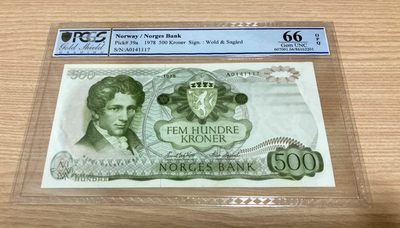 【Blue Auction】✨世界纸币精拍第176期——亨利四世的桂冠（共85拍） - 【少见A01早期年份】1978年500克朗 PCGS66EPQ 数学家阿贝尔 奥斯陆大学 精美