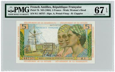 【Blue Auction】✨世界纸币精拍第176期——亨利四世的桂冠（共85拍） - 法属安的列斯1964年5法郎 牛拉车 PMG 67EPQ 高分稀少 