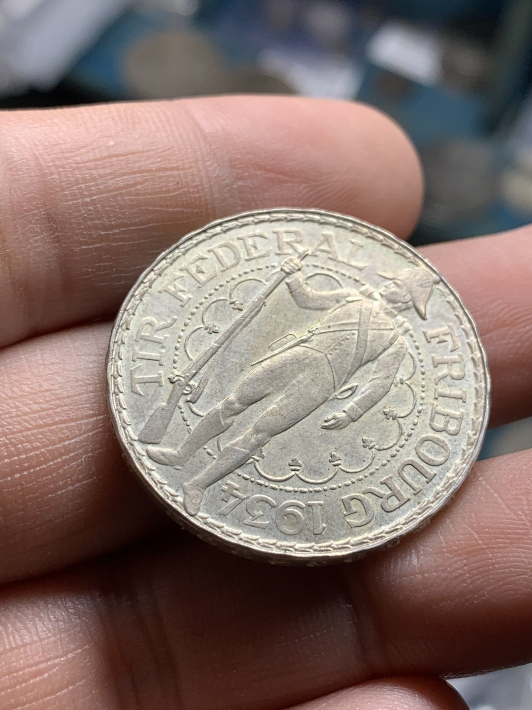 《竞宝斋》第49场-本周日，周一2场连拍（全场不限金额包邮） 1934年瑞士弗里堡射击节好品5法郎银币