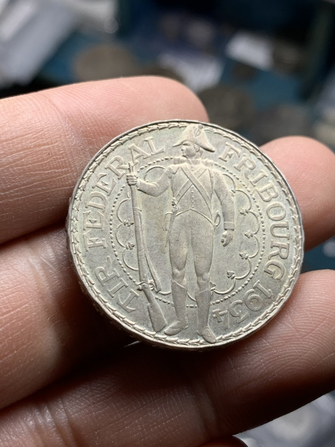 《竞宝斋》第49场-本周日，周一2场连拍（全场不限金额包邮） 1934年瑞士弗里堡射击节好品5法郎银币