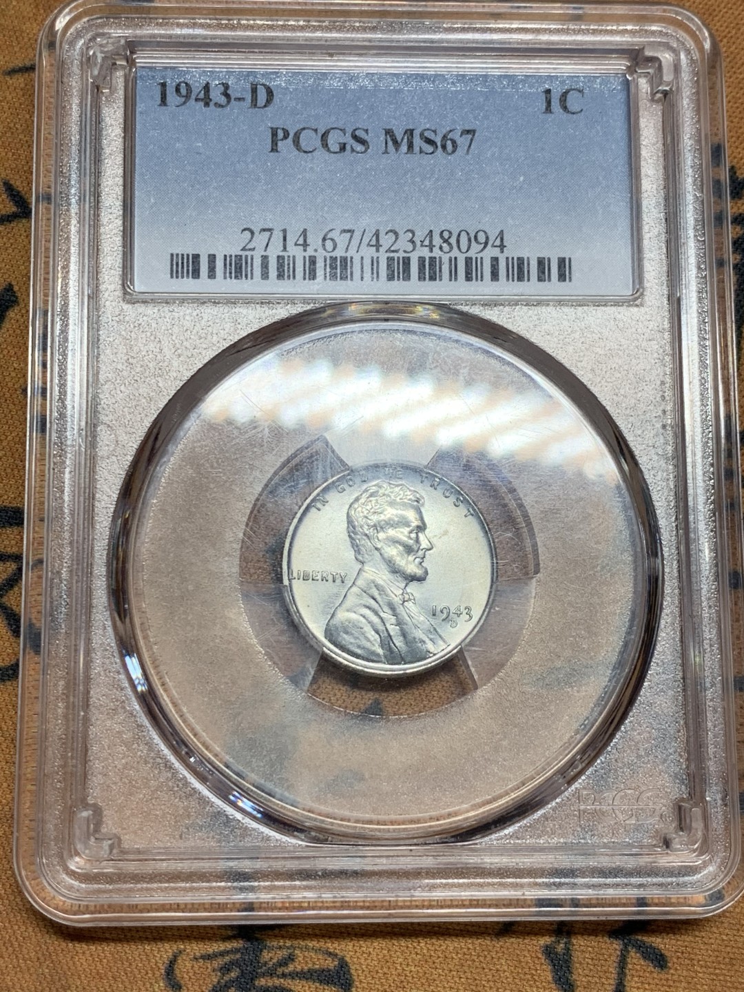 《竞宝斋》第49场-本周日，周一2场连拍（全场不限金额包邮） PCGS MS67 美国 林肯铁币1美分 因二战 只发行1943年一年 美币经典品种 因为二战流通 所见多为通货 高分少见 N盒MS65在竞宝斋最近拍卖中430元成交