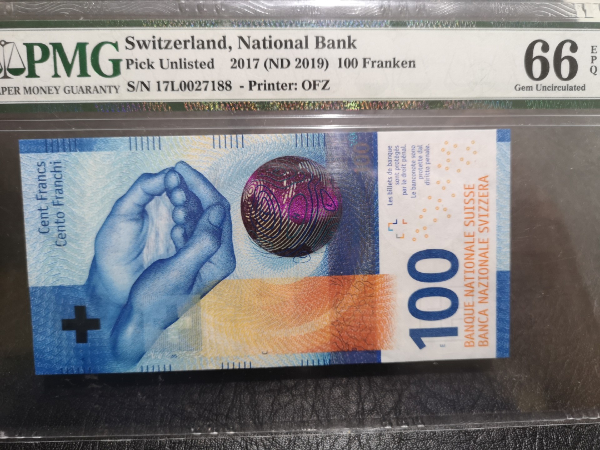 《外钞收藏家》第一百七十五期拍卖 2017年瑞士手版100法郎 PMG66 尾88